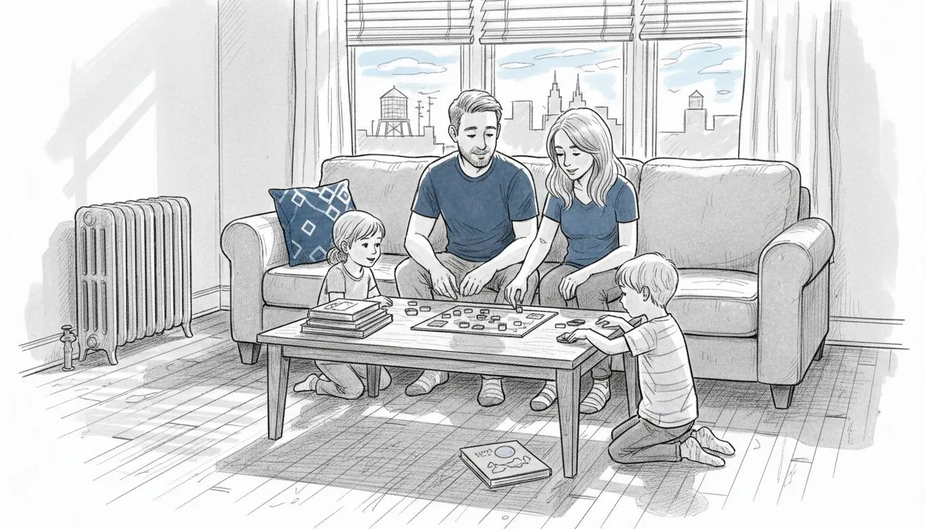 Chicago family in lived-in living room