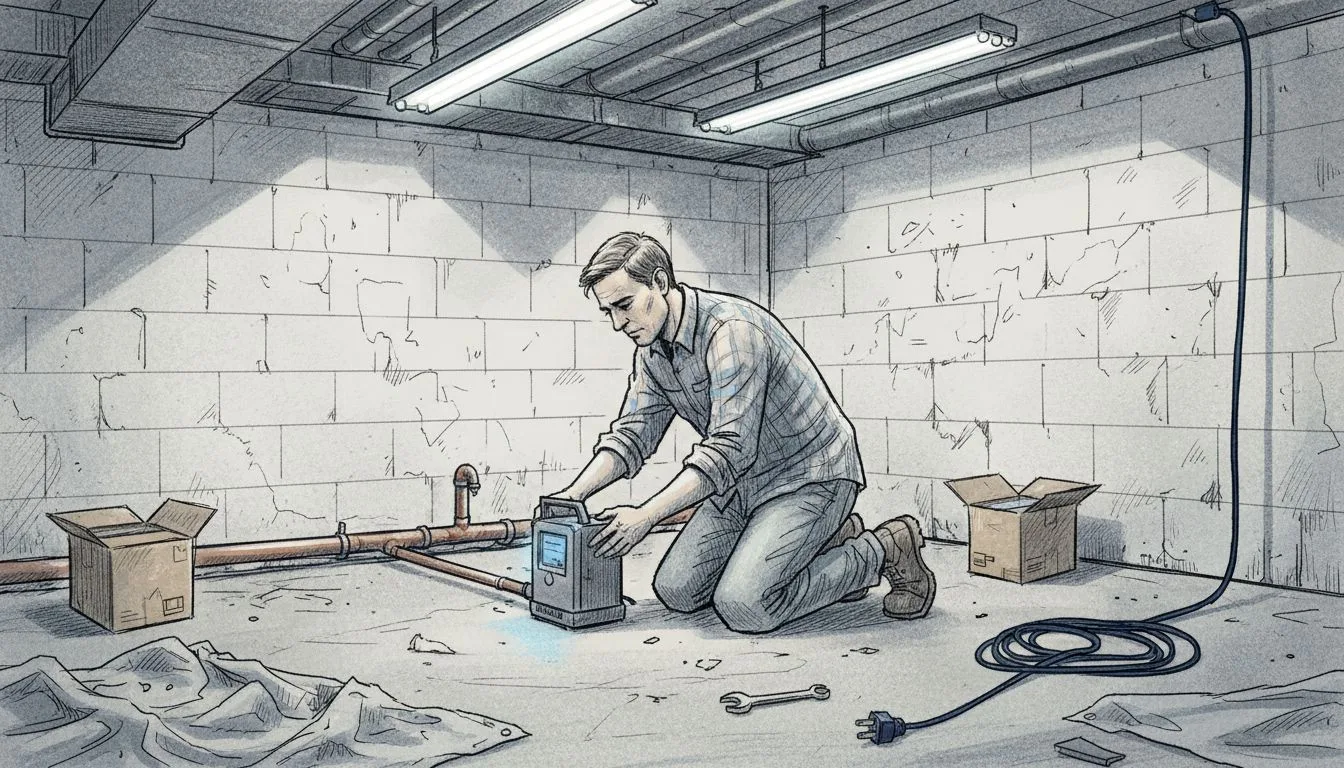 Technician setting radon test device in basement
