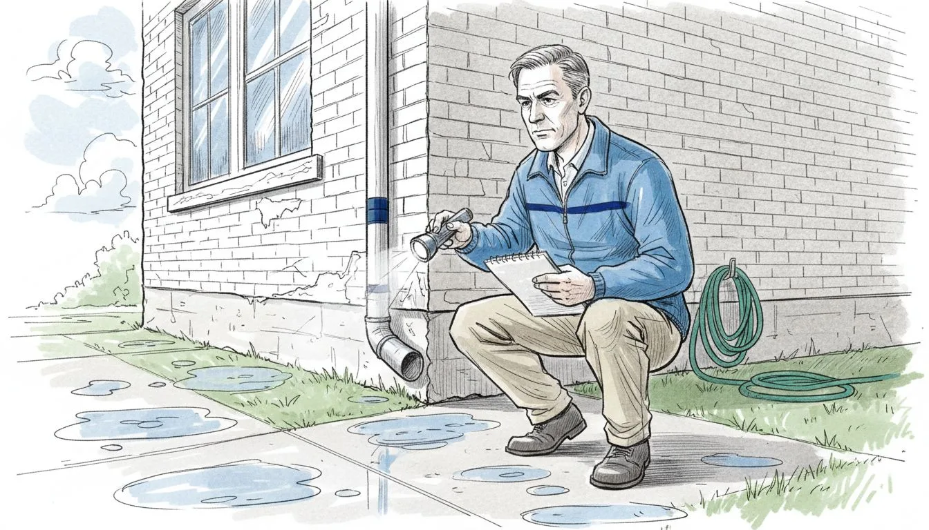 Inspector examining home foundation after rain