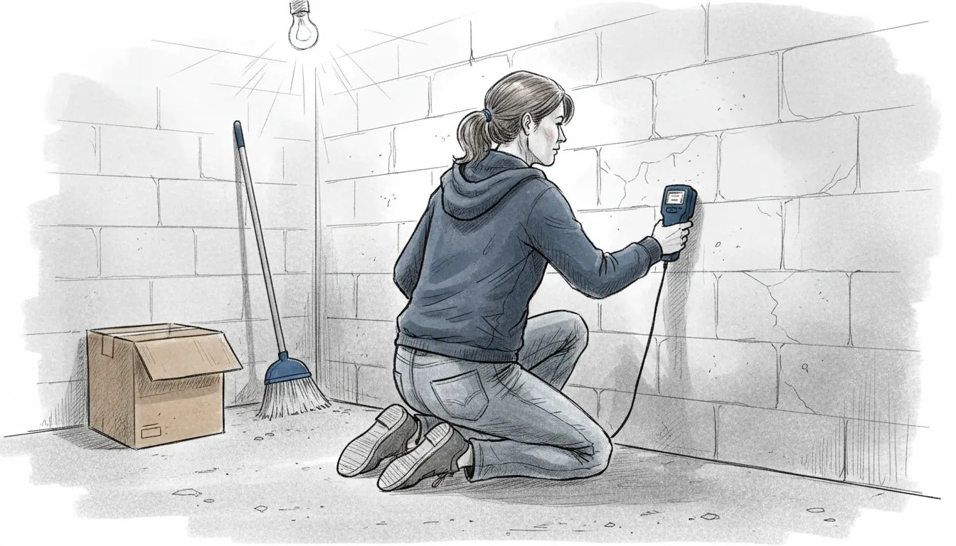 Homeowner using moisture meter in basement