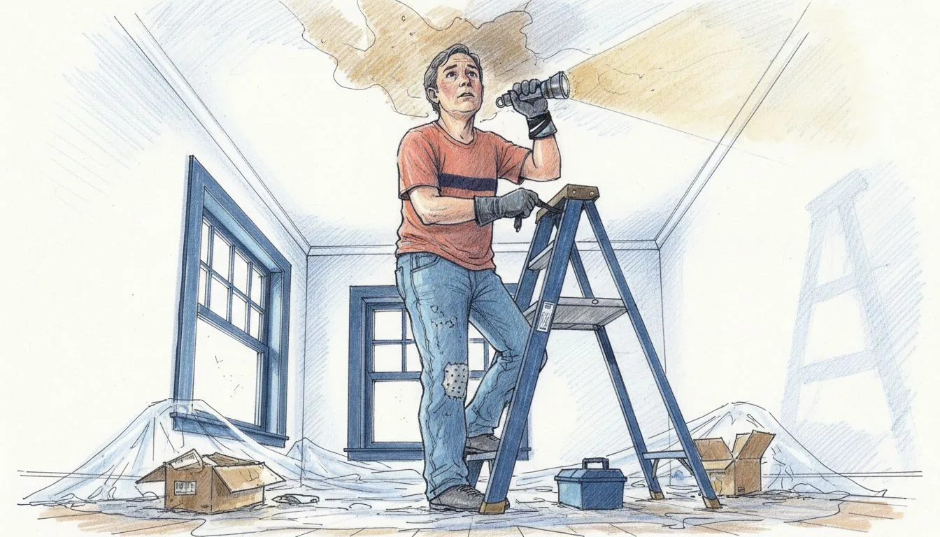 Homeowner inspecting water stain on ceiling