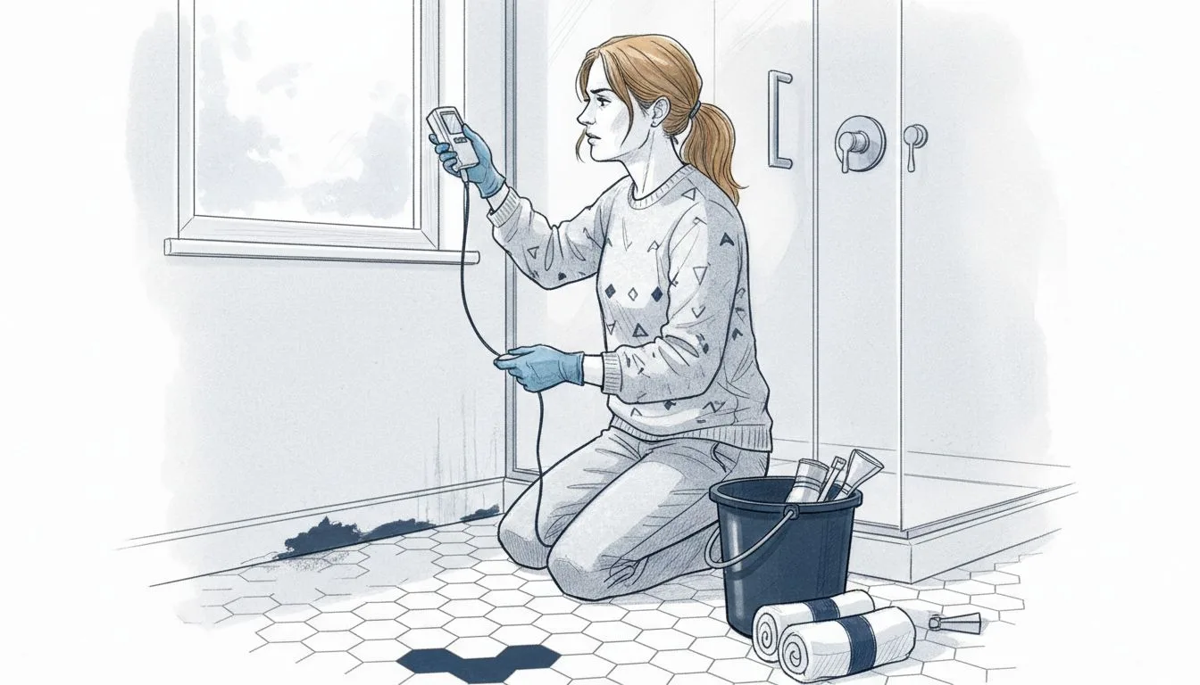Woman checking ceiling corner for mold