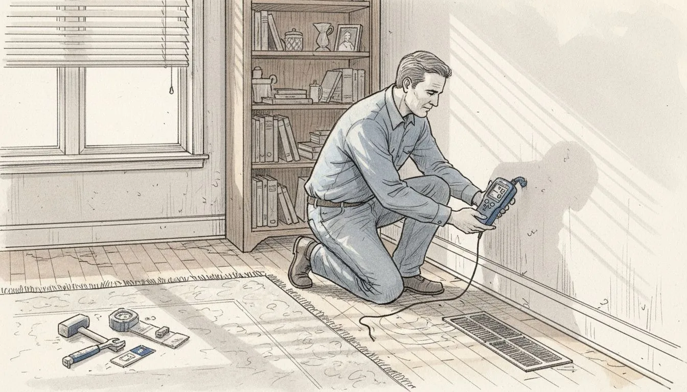 Homeowner checking living room wall for moisture