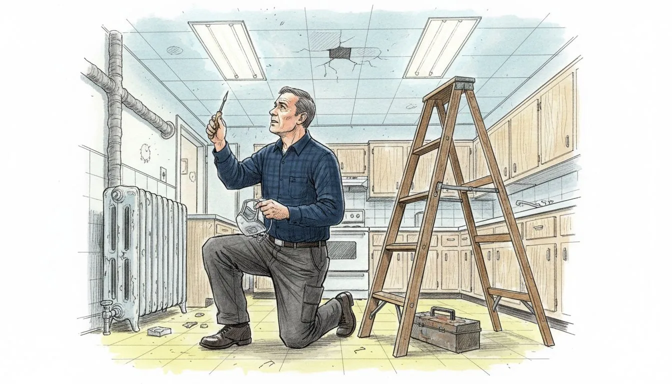 Worker inspects potential asbestos ceiling tiles
