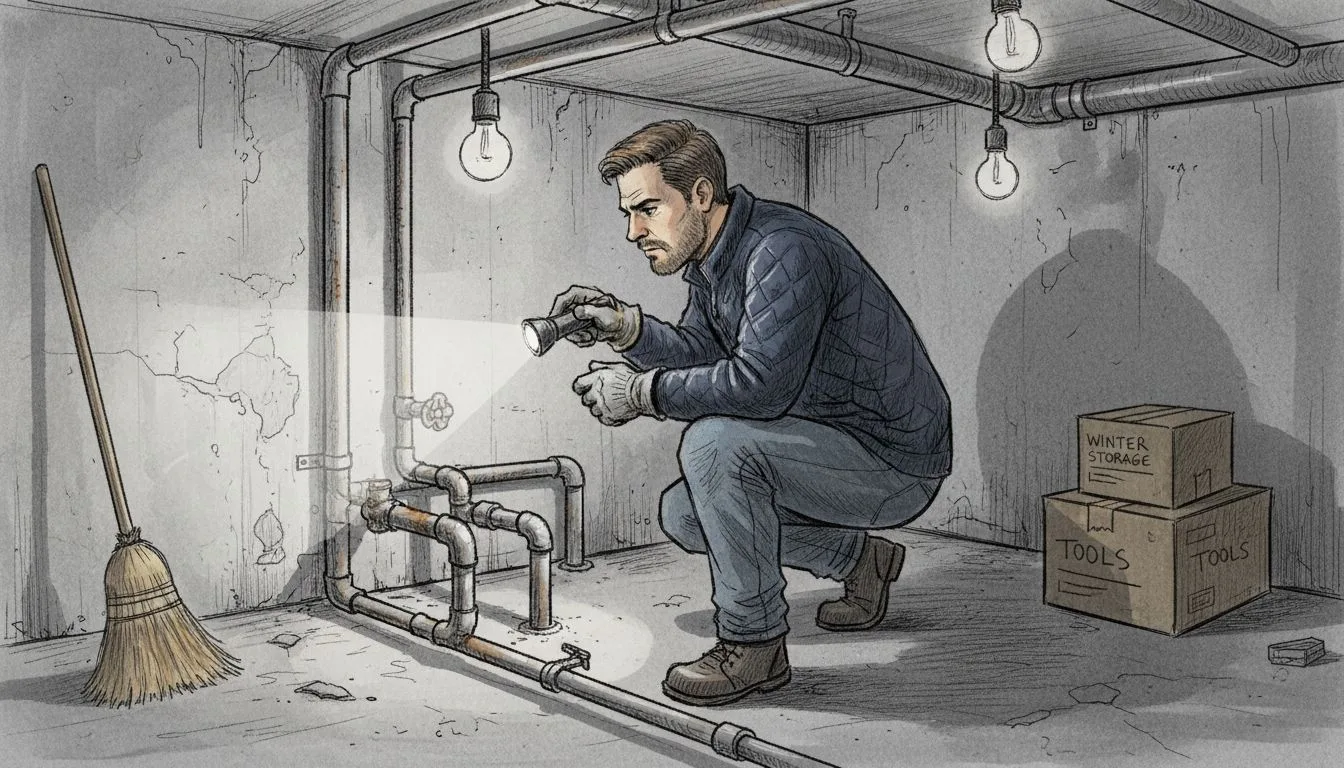 Homeowner inspecting basement pipes for winter