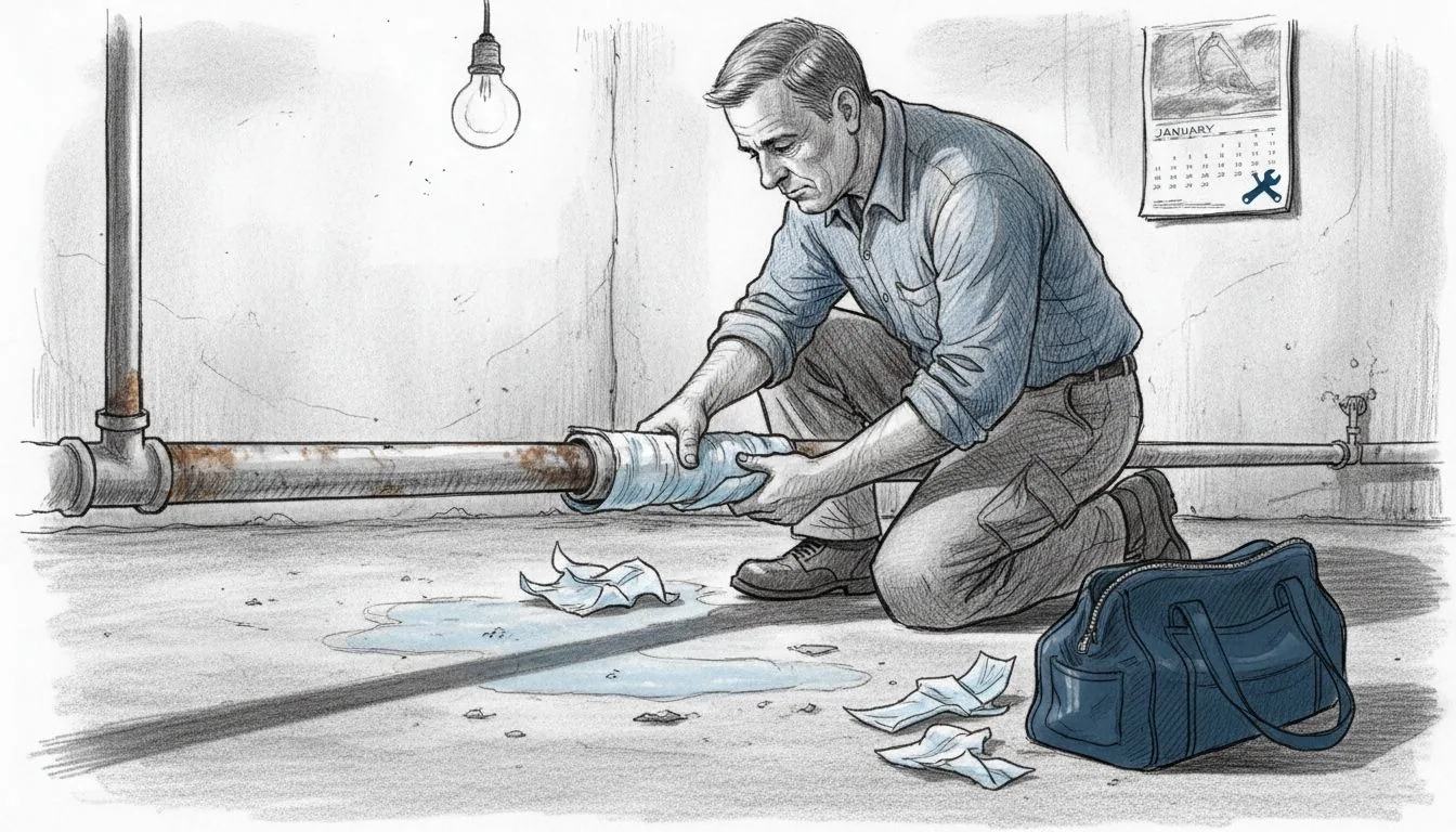 Plumber insulating pipes in cold basement