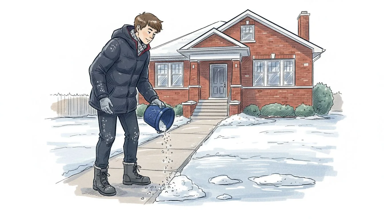 Homeowner applying deicing salt on winter walkway