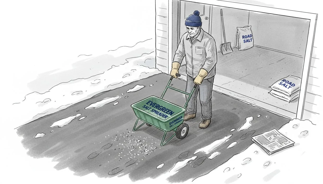 Man adjusting spreader for driveway deicing