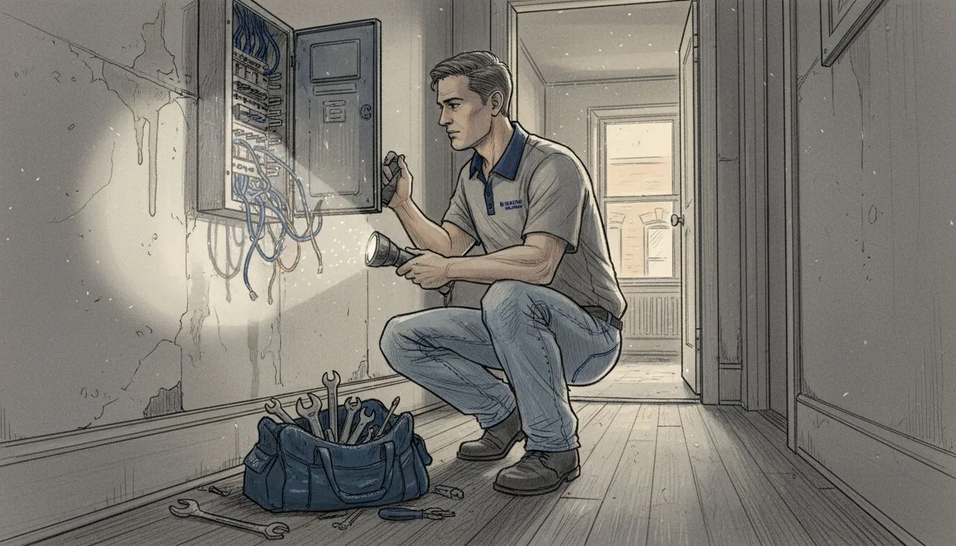 Electrician inspects outdated home electrical panel