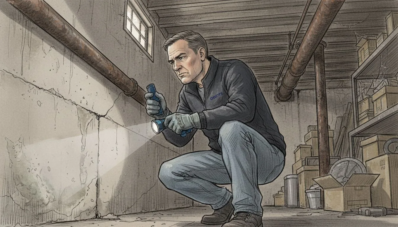 Inspector examining foundation in Chicago basement
