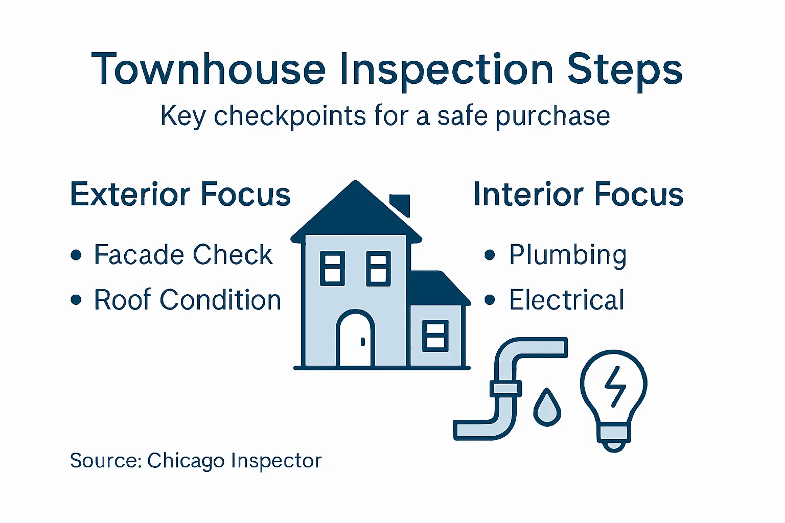 Townhouse inspection steps infographic with exterior and interior focus