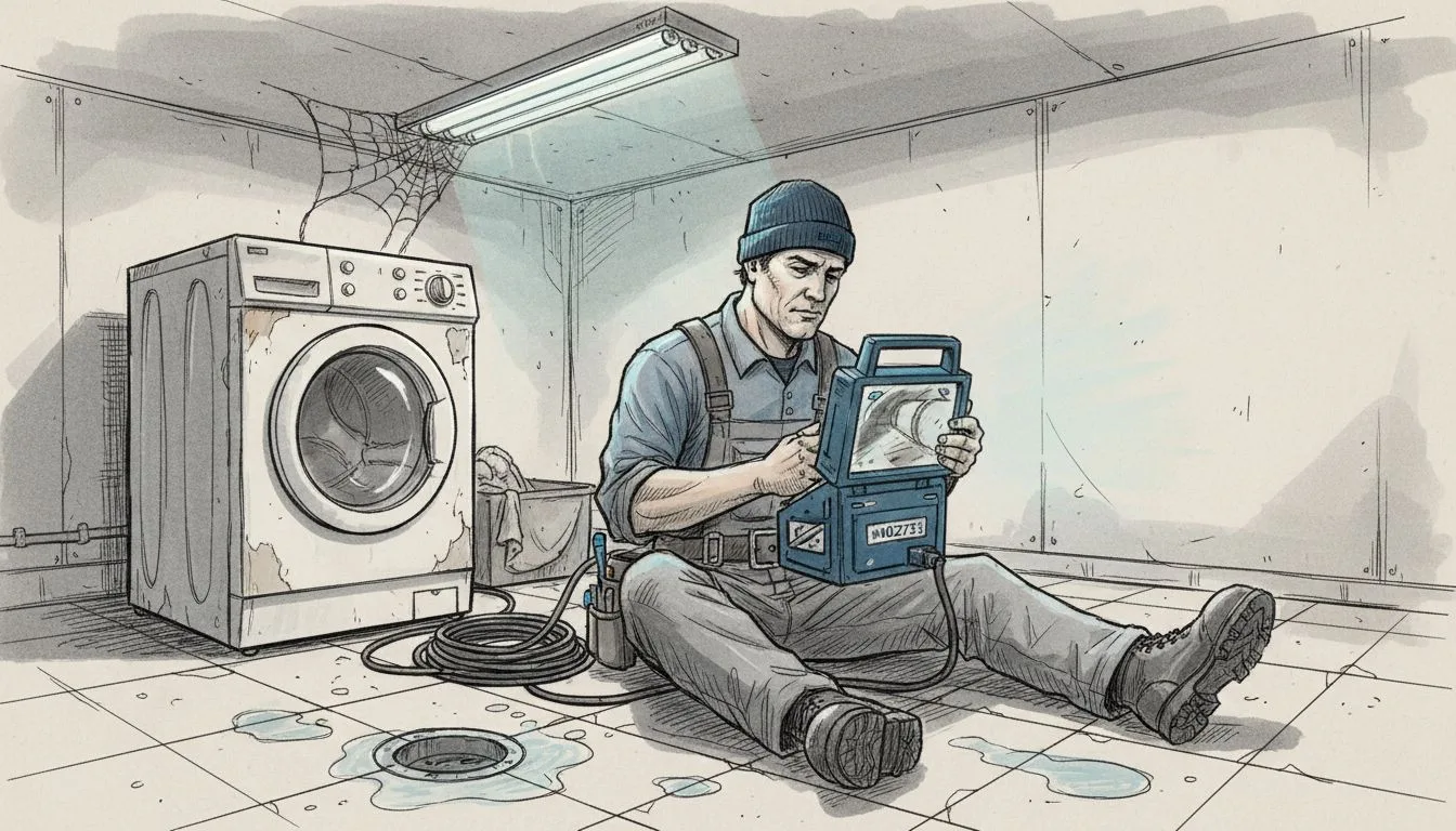 Plumber using sewer camera in basement