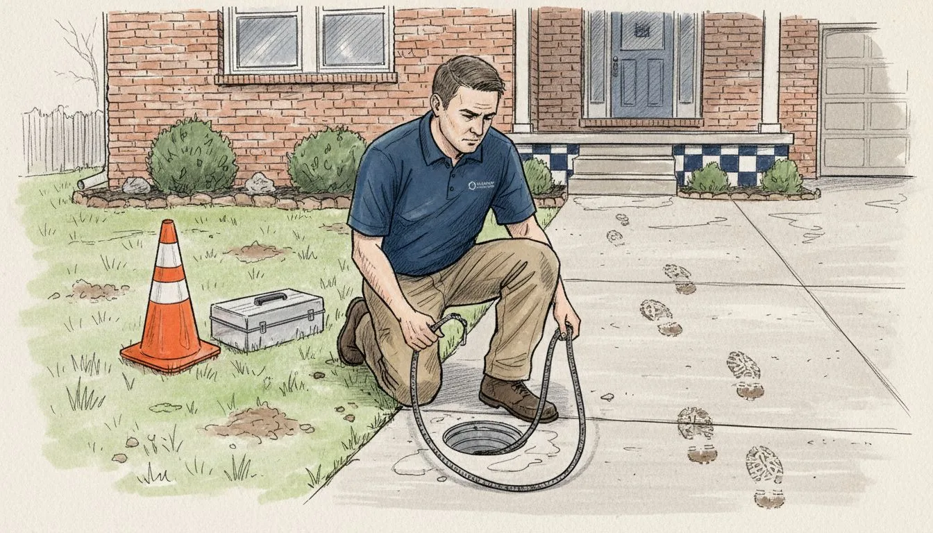 Inspector examining home sewer line in yard
