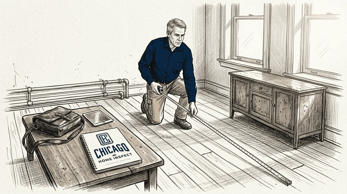Appraiser measuring floor in Chicago condo living room