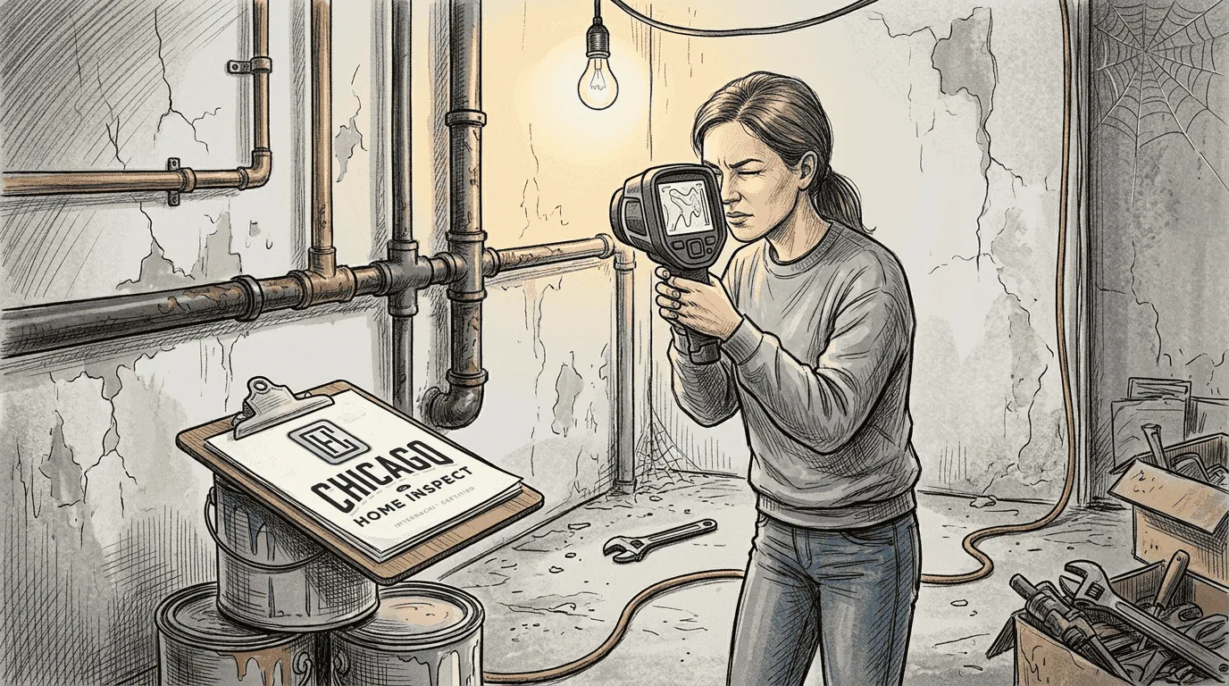 Inspector scanning basement with thermal camera