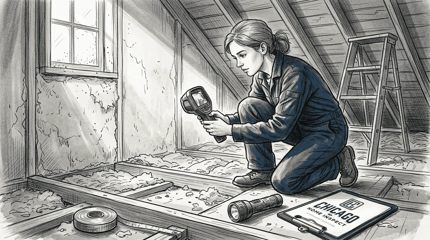 Inspector scanning attic insulation with thermal camera