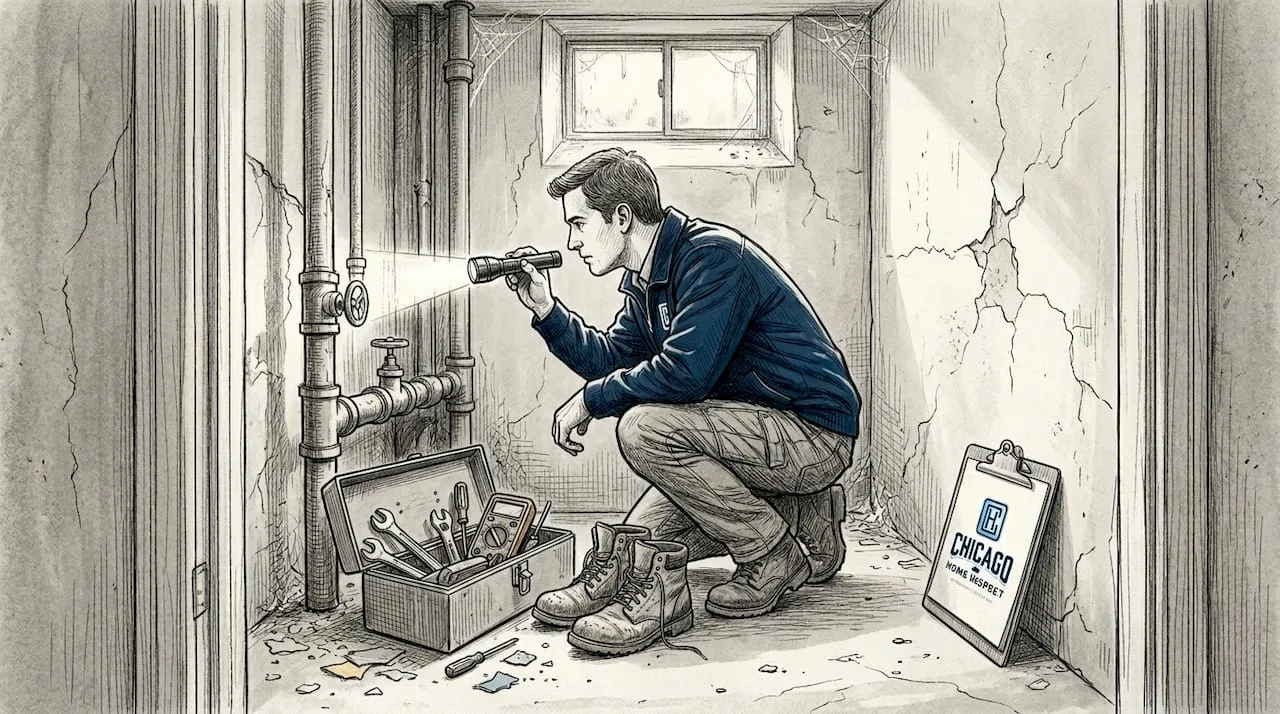 Inspector examines vintage two-flat basement Chicago