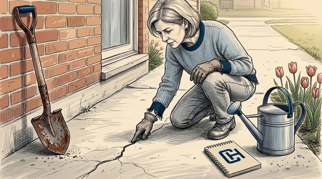 Woman inspecting spring foundation crack