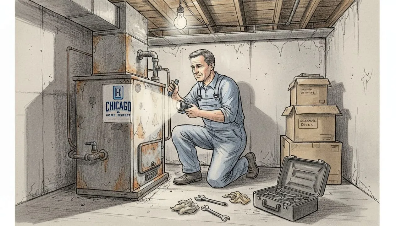 Technician repairing furnace in Chicago basement