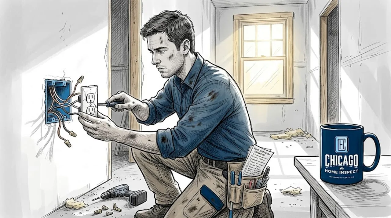 Electrician repairing faulty outlet in new build