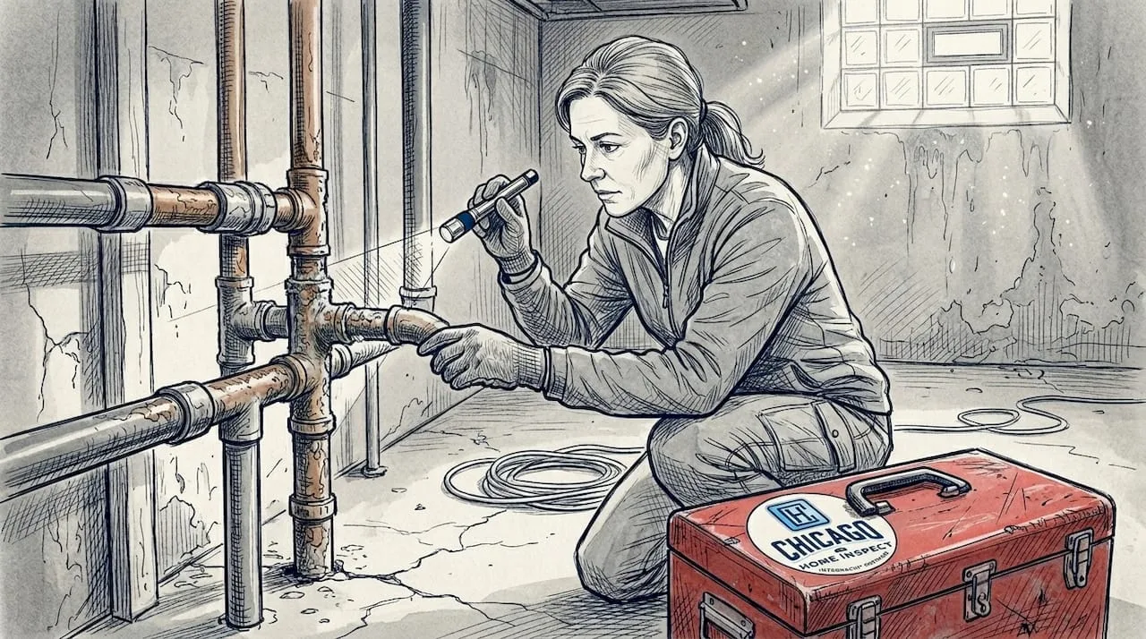 Inspector examining corroded pipes in Chicago basement