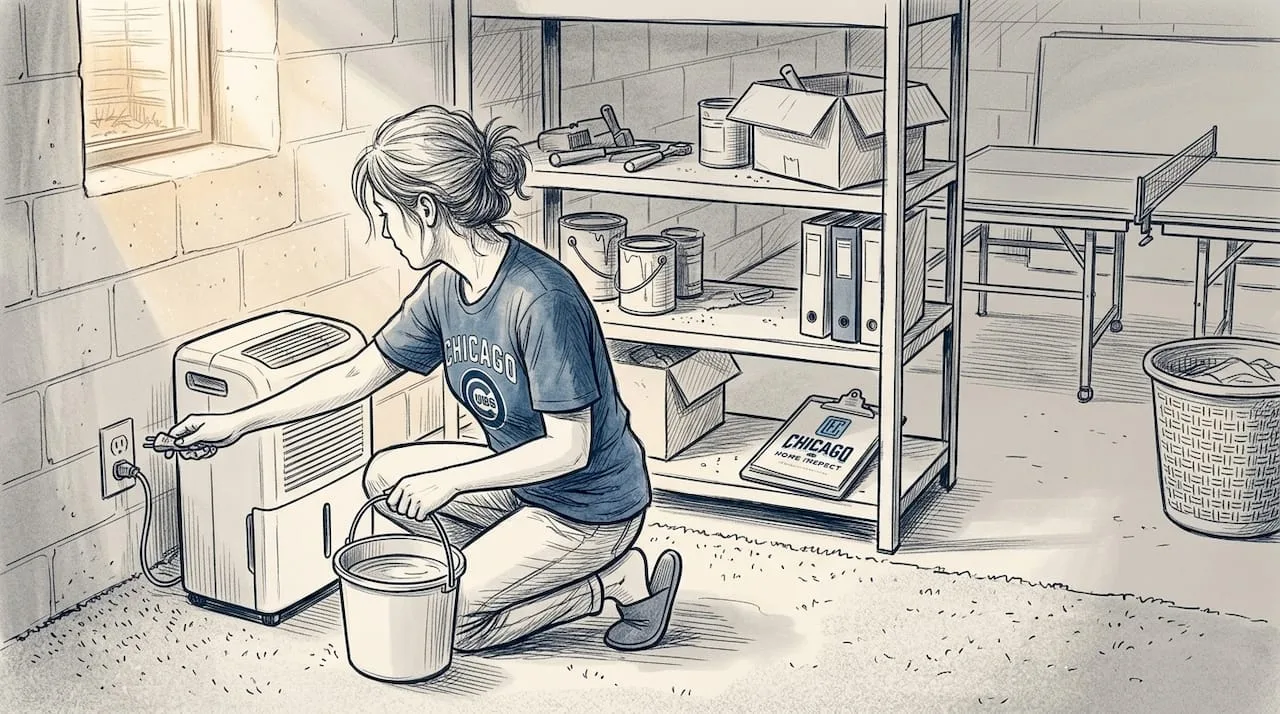 Woman empties dehumidifier in casual basement