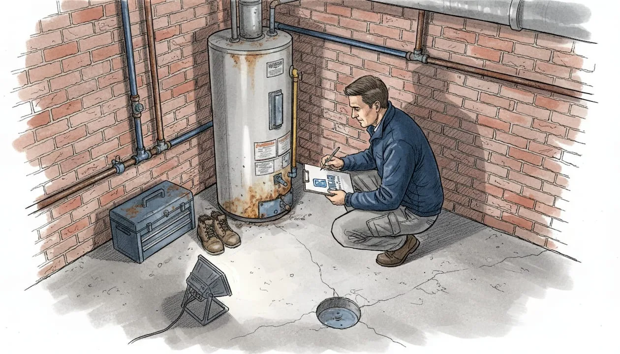 Home inspector checking pipes in Chicago basement