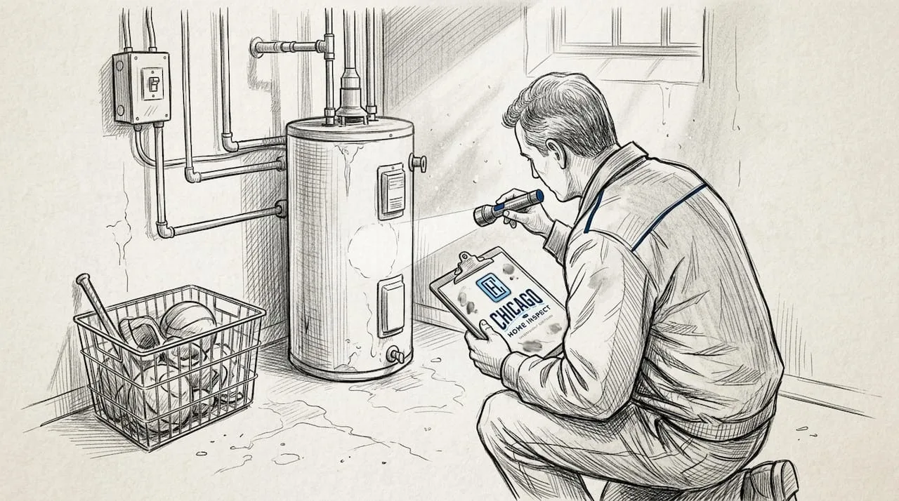 Home inspector checking water heater in basement