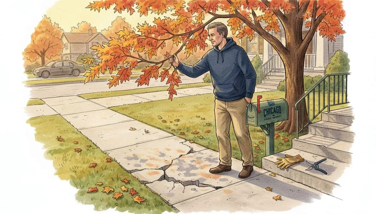 Homeowner handling low tree limb over sidewalk
