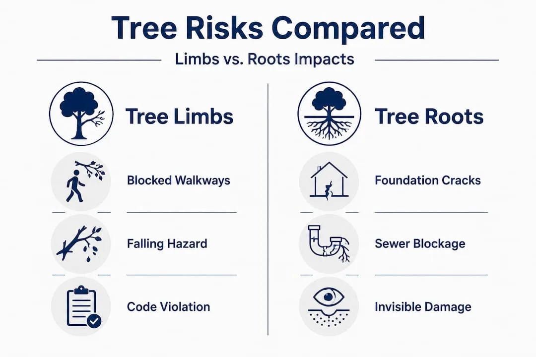 Infographic comparing tree limb and root risks