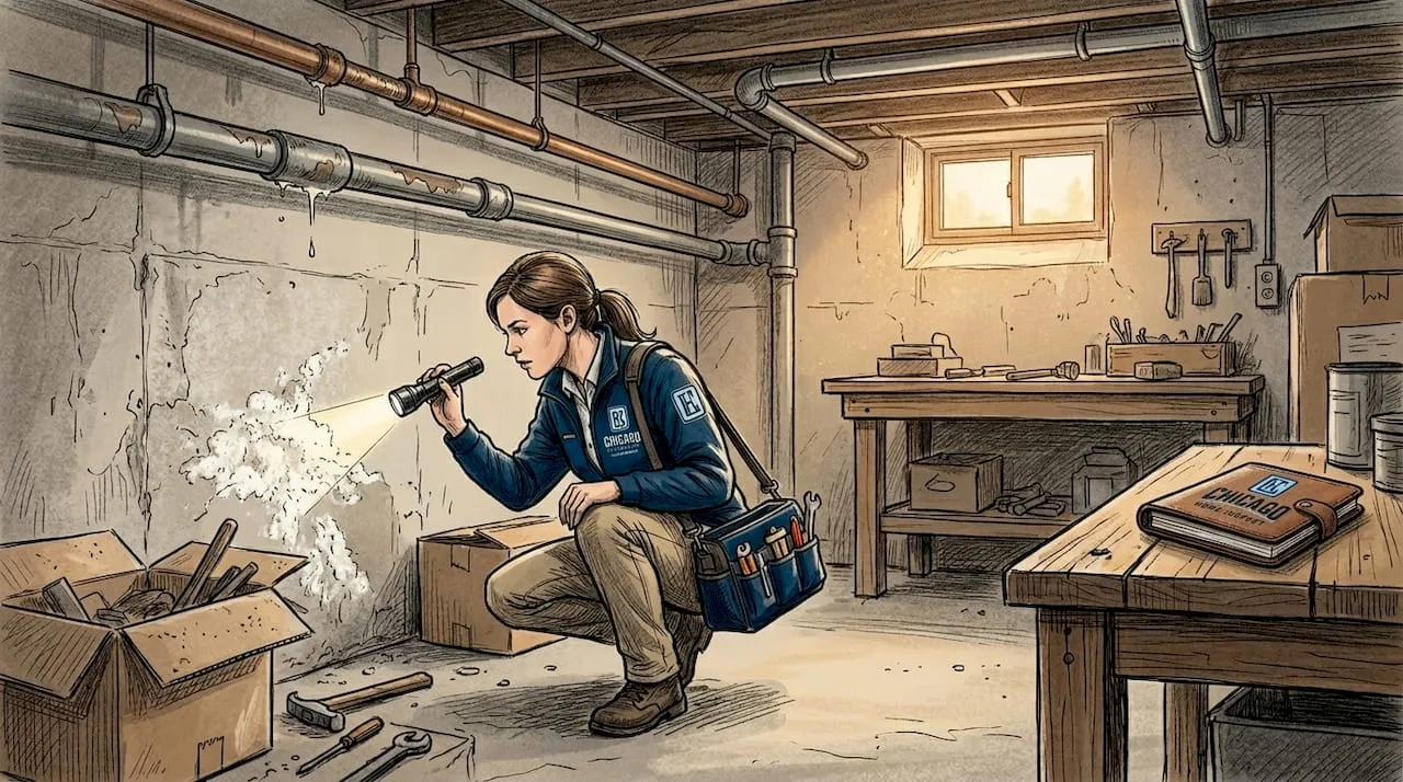 Home inspector checks basement for moisture issues