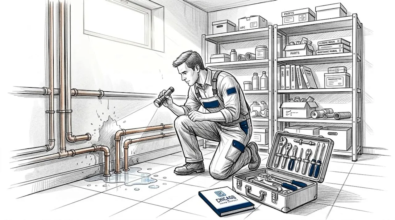 Plumber checks basement for hidden pipe leaks