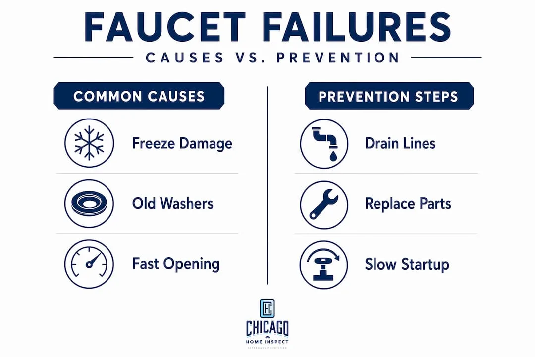Infographic comparing faucet failure causes and prevention