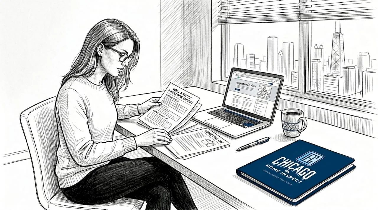 Homeowner reviewing inspection paperwork at kitchen table
