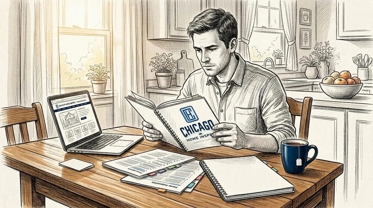 Buyer reading inspection report in kitchen