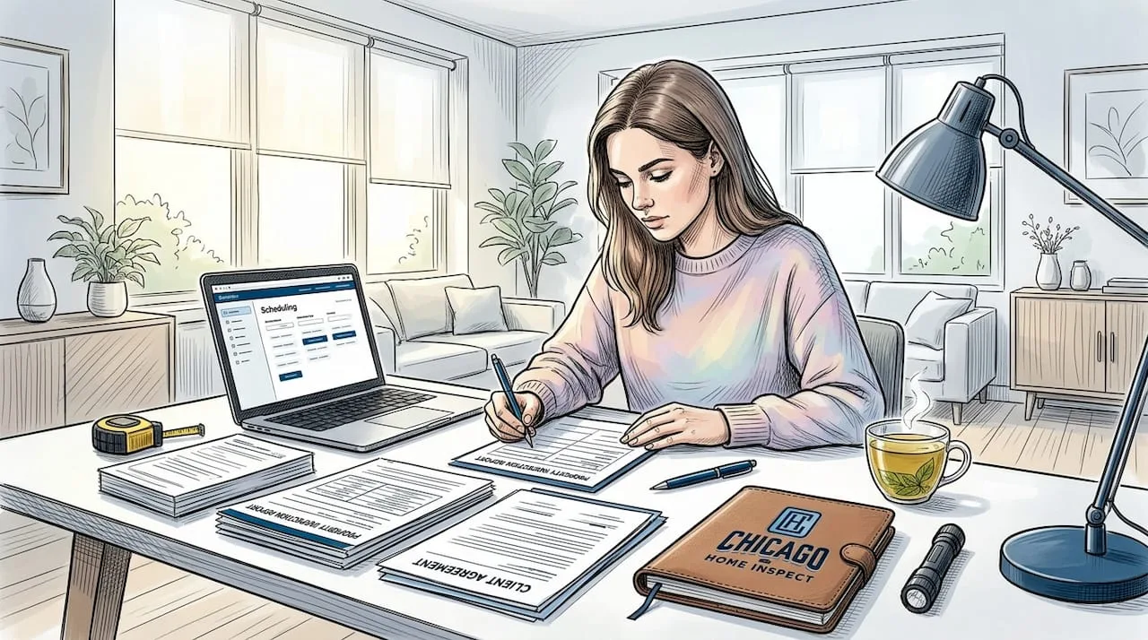 Homebuyer preparing documents for inspection scheduling