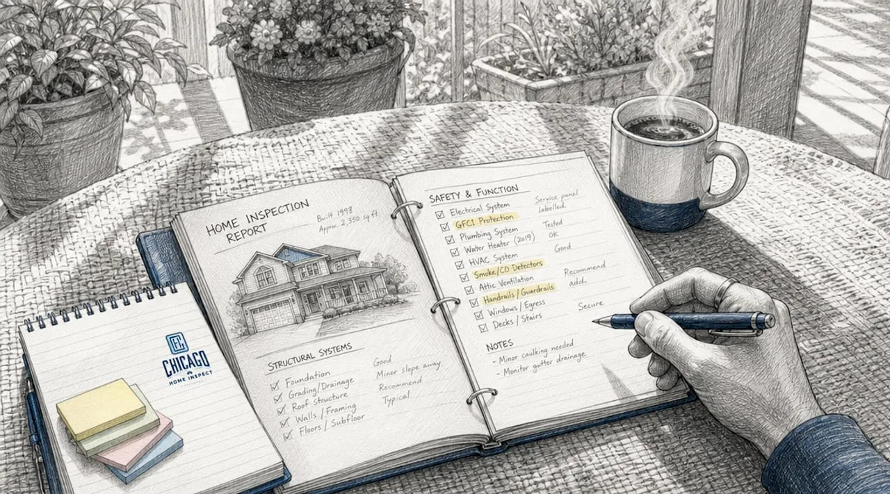 Reviewing home inspection report at kitchen table