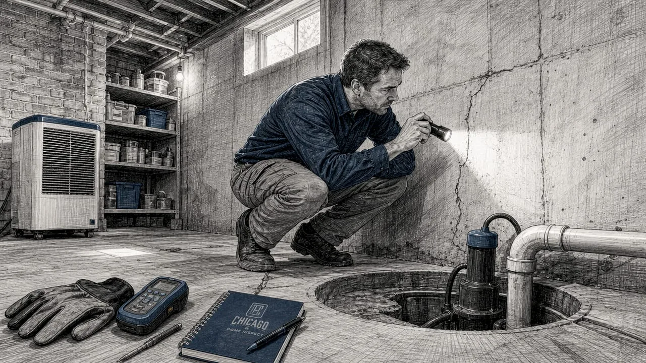 Inspector examining basement foundation cracks