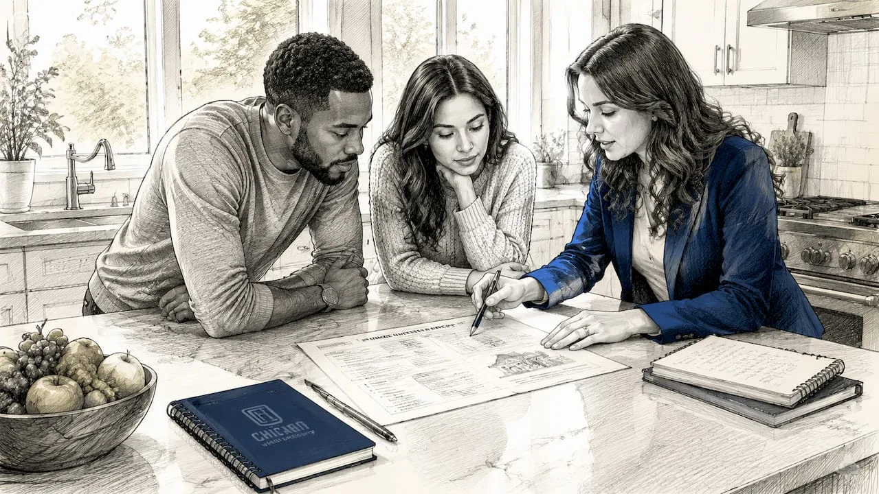 Couple and agent reviewing inspection report