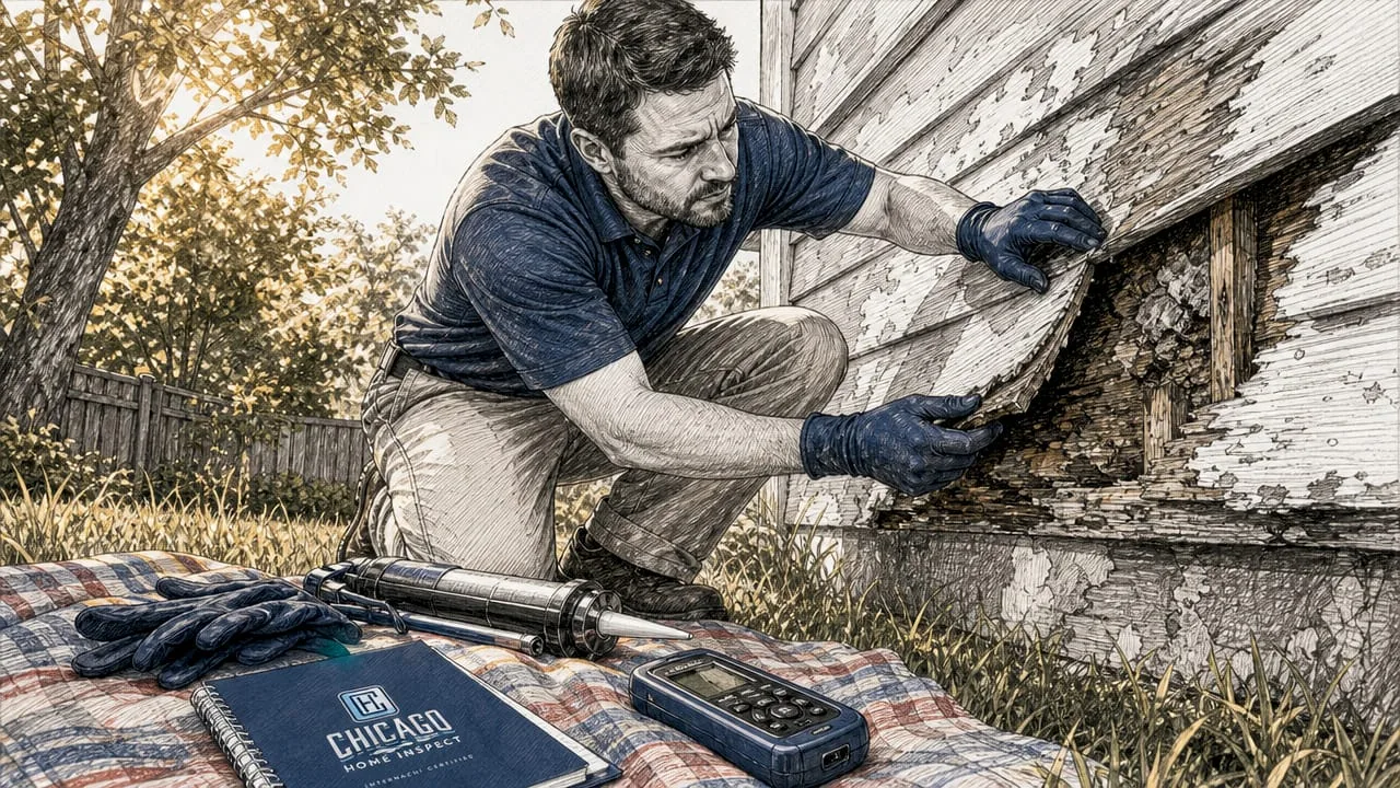Close-up hands removing rotted wood siding outdoors