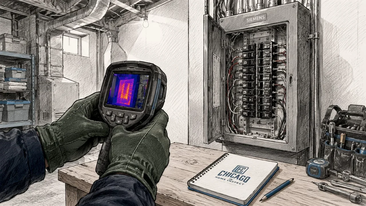 Hands using thermal camera on Zinsco electrical panel