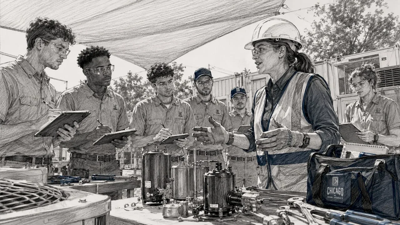 HVAC trainees learning refrigerant safety indoors