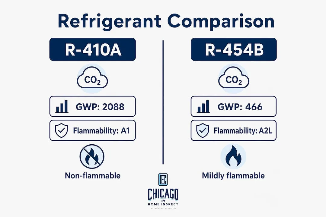 Infographic comparing R-410A and R-454B refrigerants