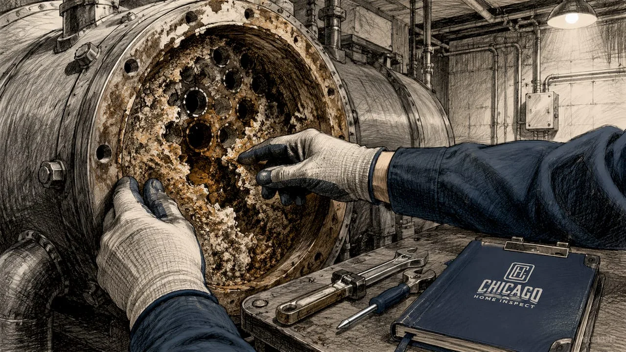 Close-up of corrosion on old boiler surface