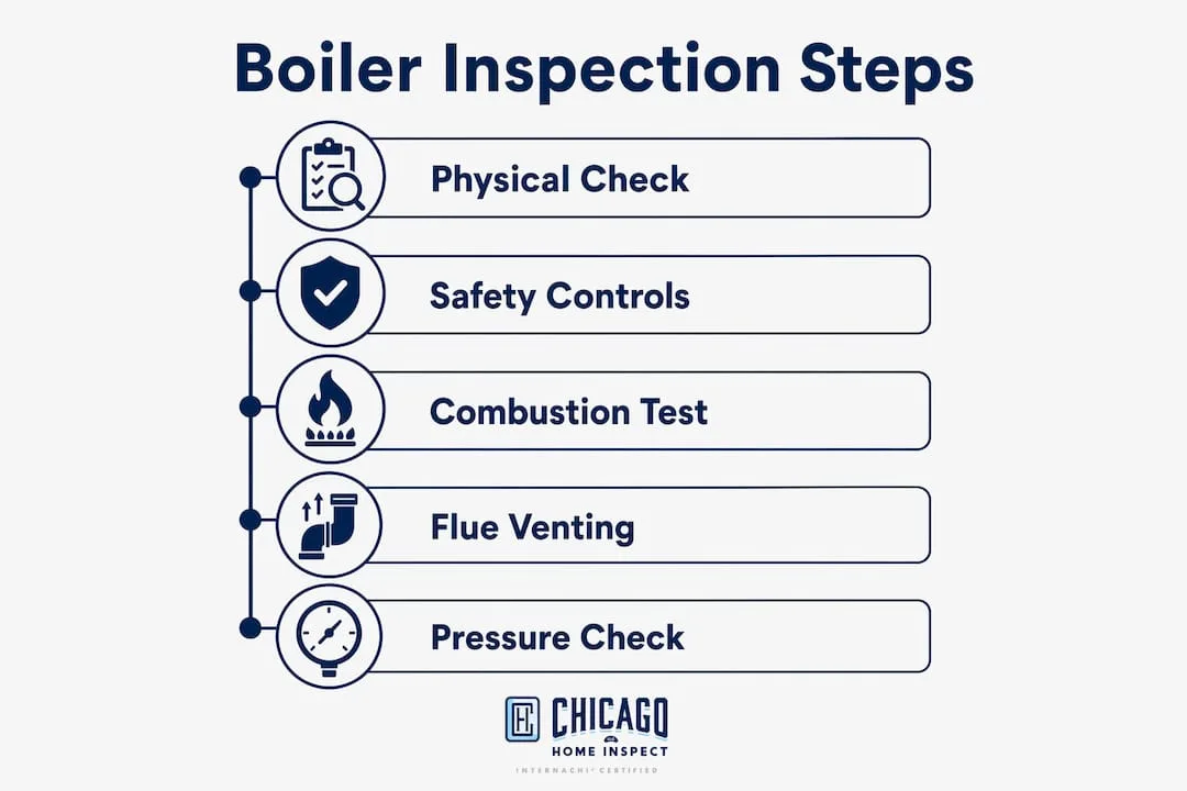 Infographic of five boiler inspection steps in older Chicago homes