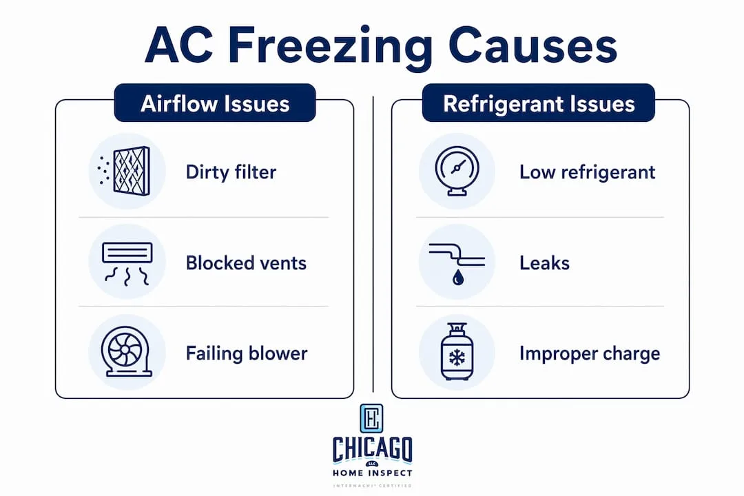 Infographic showing causes of AC freezing and short cycling