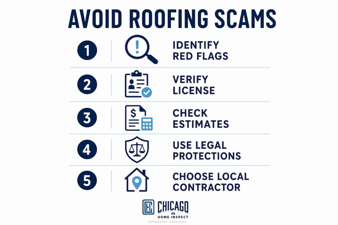 Infographic illustrating 5 steps to avoid roofing scams