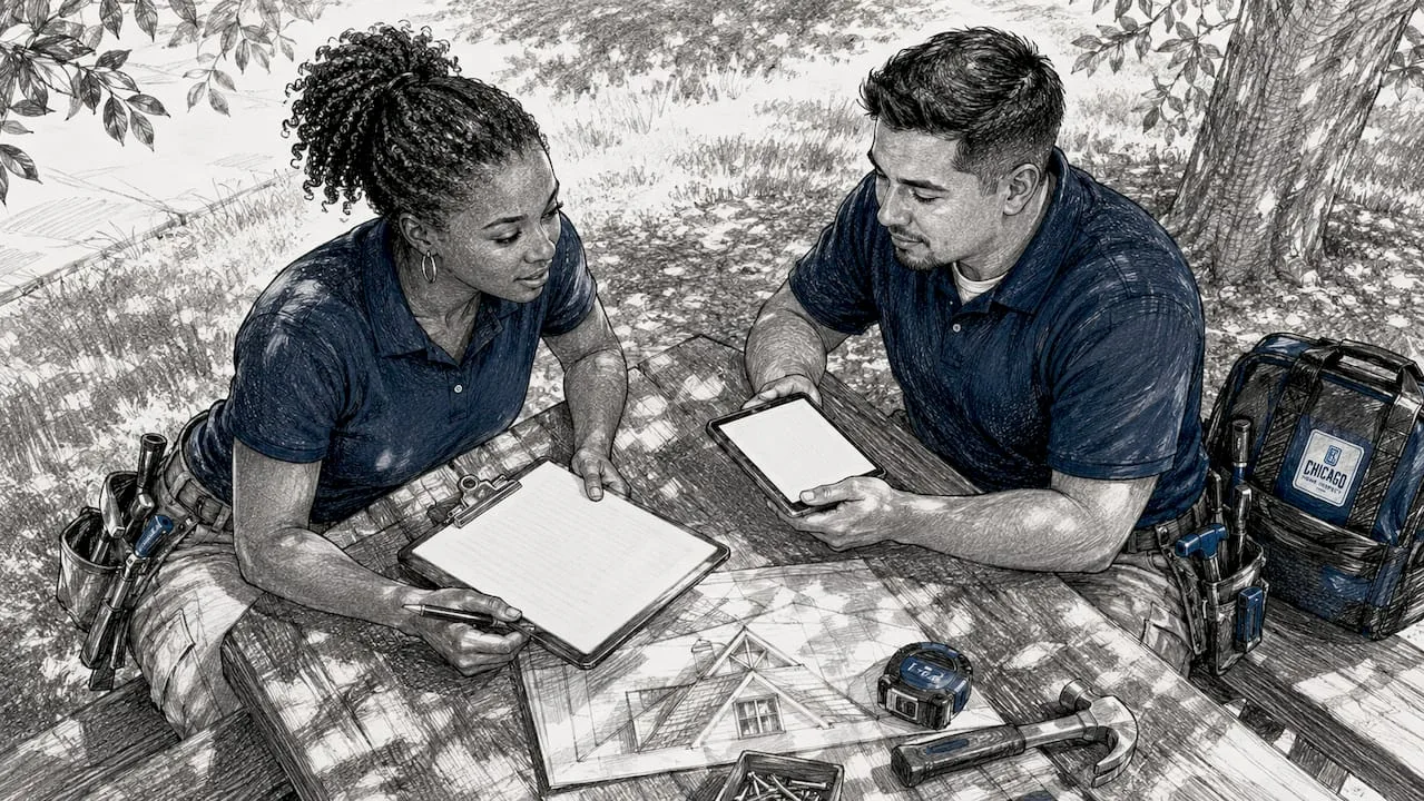 Contractors reviewing roofing plans outdoors