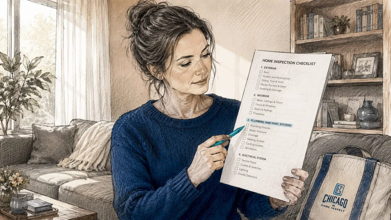 Homeowner checking home inspection checklist indoors
