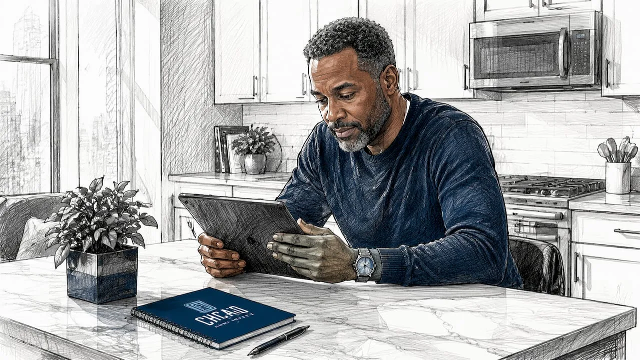 Hands scrolling permit search on tablet